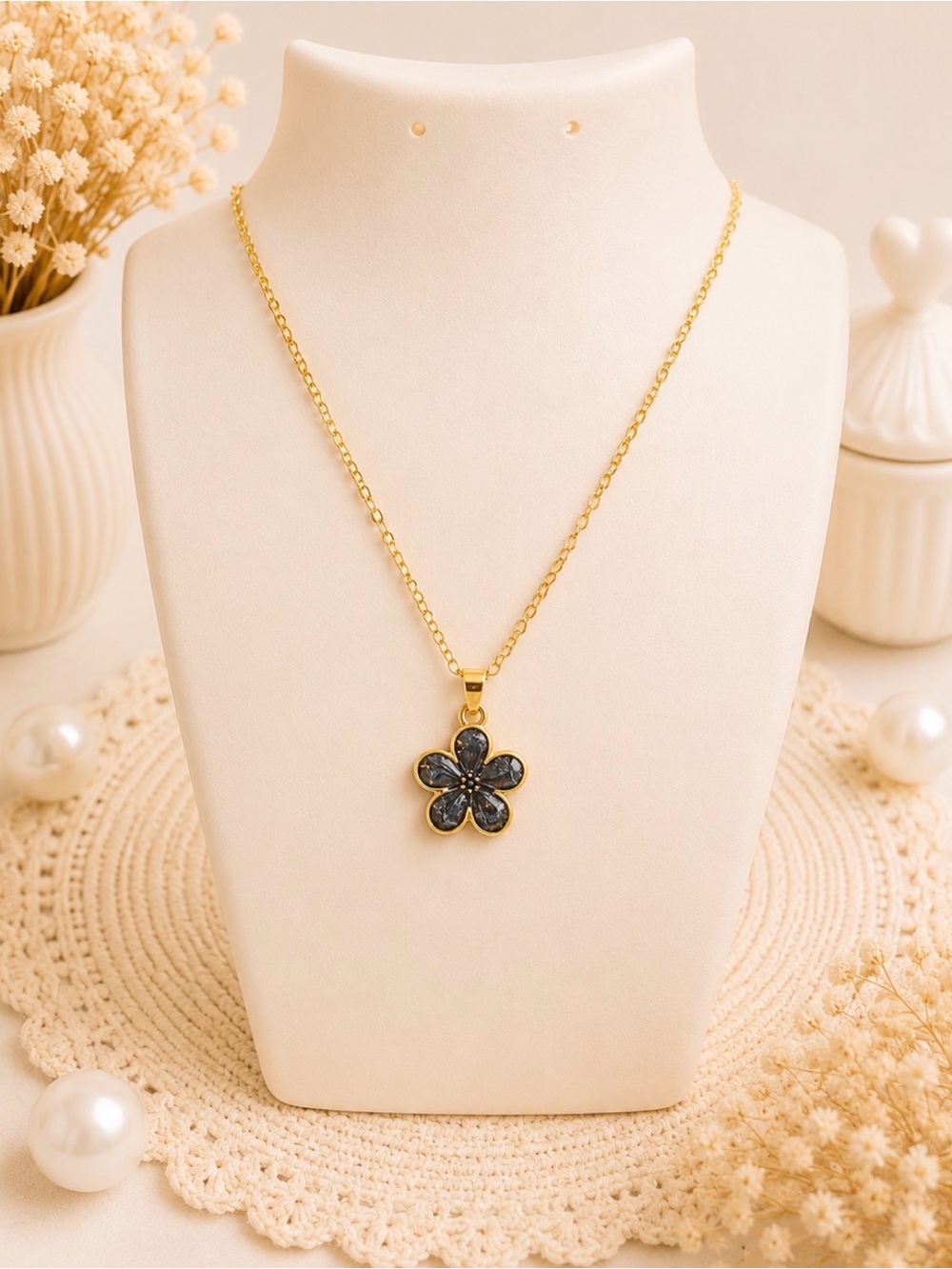 Black Flower Enamel Pendant Necklace - Gold Tone Chaim-Women Jewelry - Picture 1 of 3